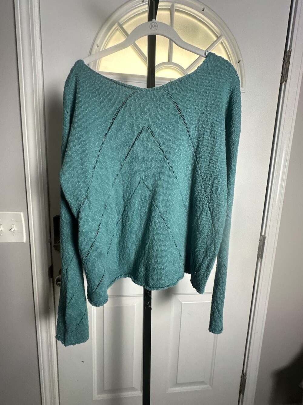 Hepson Plus Size Teal Green V-Neck Openwork Knit Sweater 1XL#978